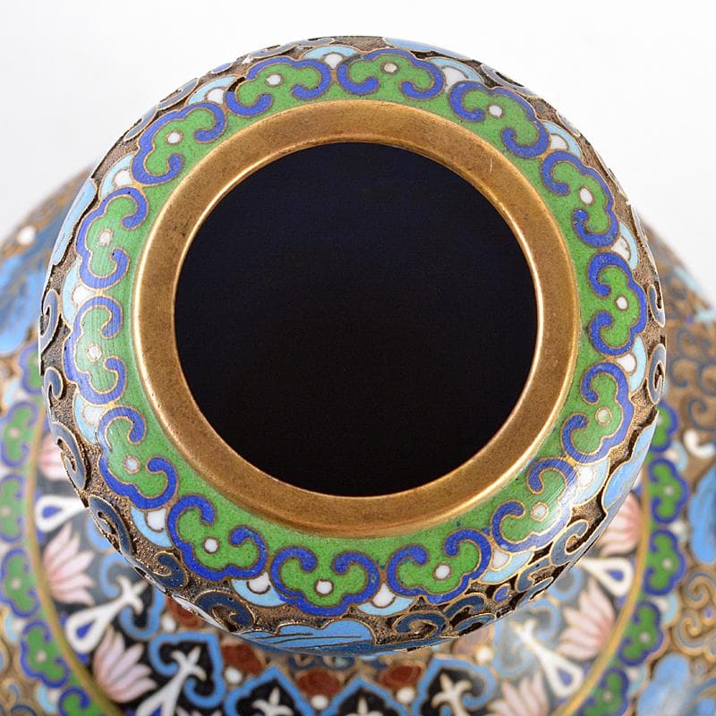 ZZ　中国　古七宝琺瑯彩　花文瓶　唐木台付　M　R5656