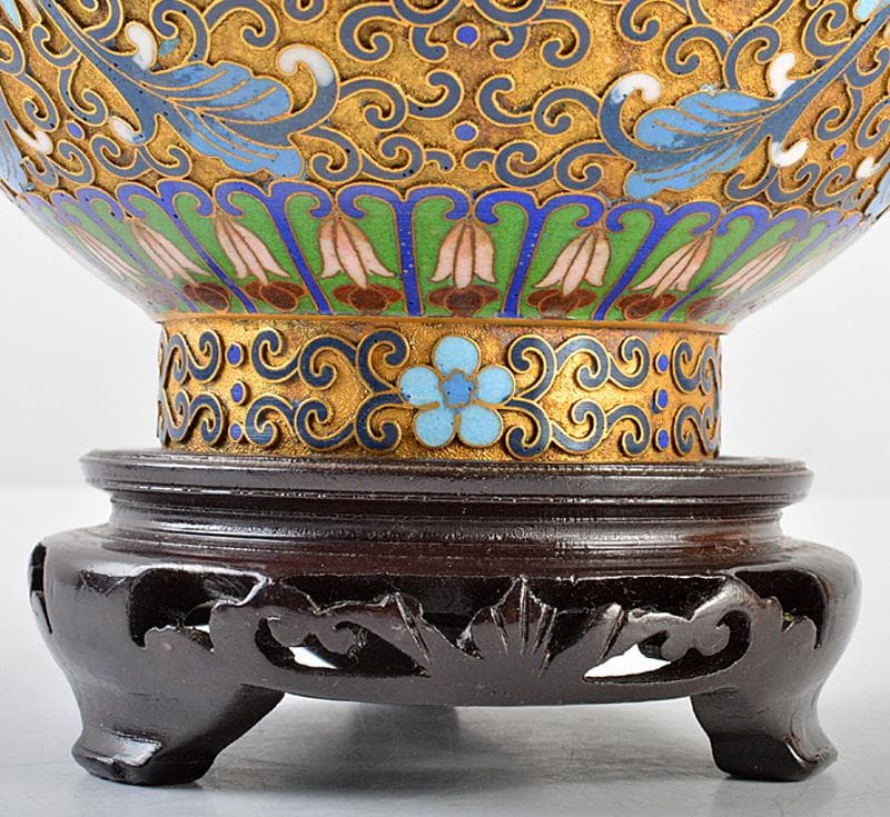 ZZ　中国　古七宝琺瑯彩　花文瓶　唐木台付　M　R5656