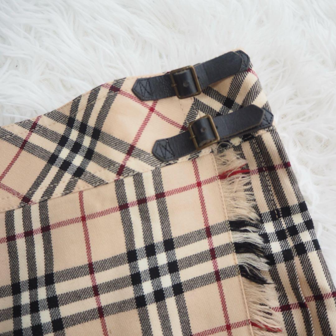 美品 バーバリー ノバチェック プリーツ 巻きスカート フリンジ ベルト ミニ
