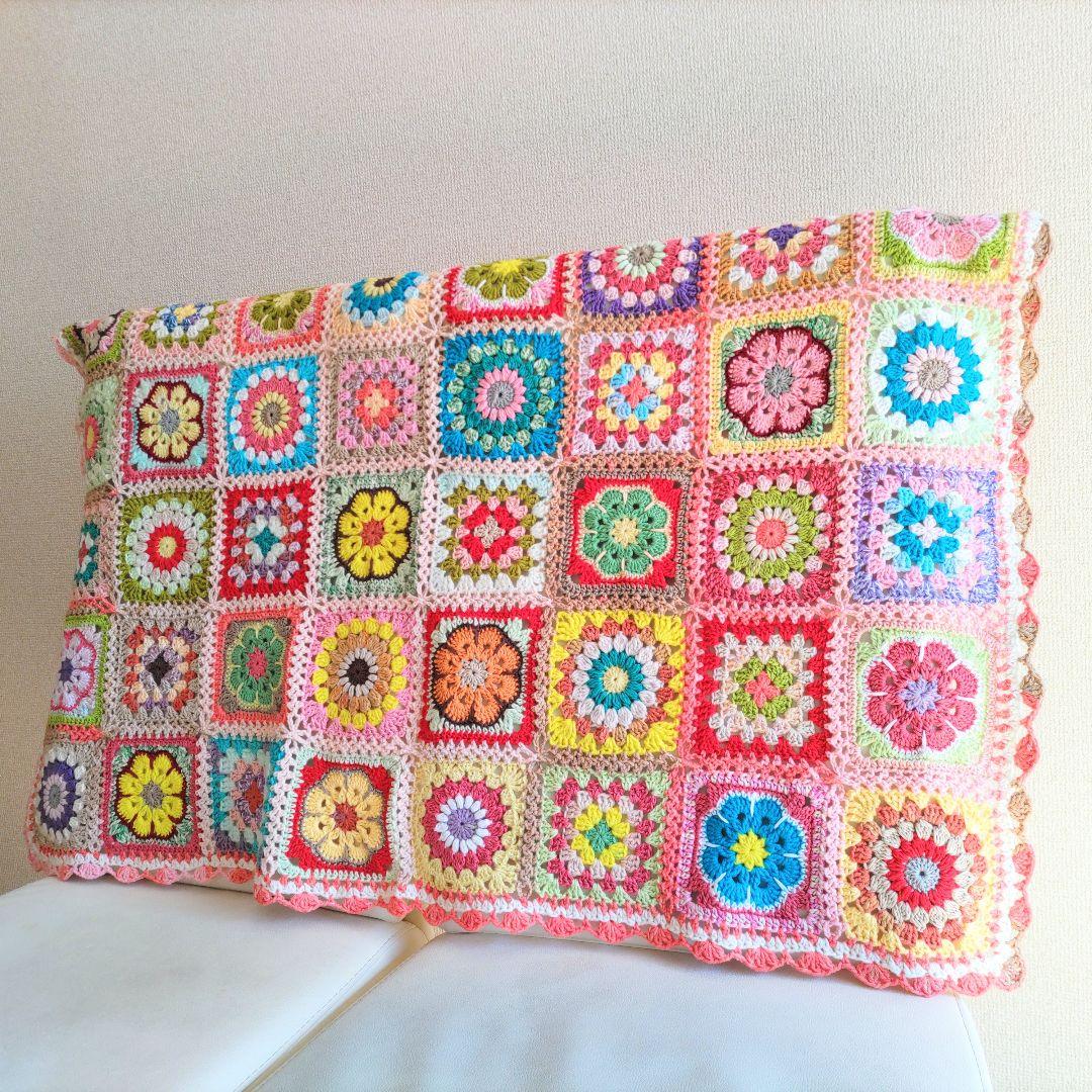 手編みブランケットmix★グラニースクエア★カラフル★フラワー★かぎ針編み