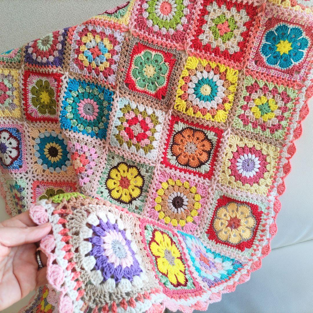 手編みブランケットmix★グラニースクエア★カラフル★フラワー★かぎ針編み