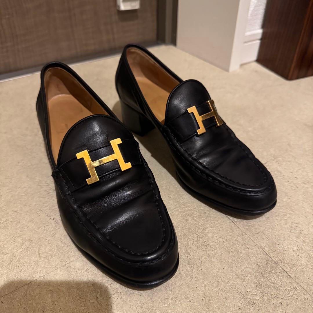 【24cm】HERMES 黒ローファー コンスタンス エルメス 37 1/2