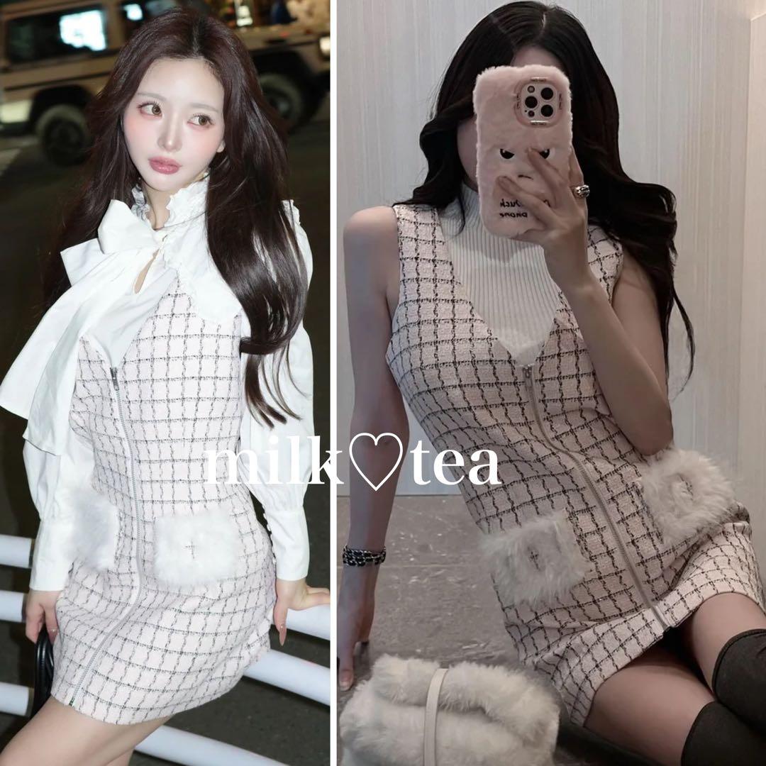 新品タグ付 ダーリッチ フロントファスナーツイードミニワンピース ピンク フリー