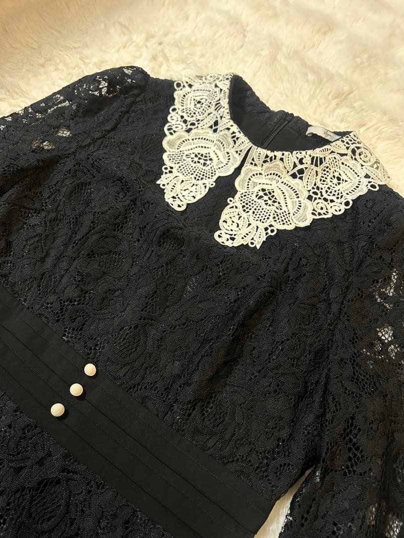 【セール】Leja レースビックカラー花柄刺繍ウエストマークロングドレス