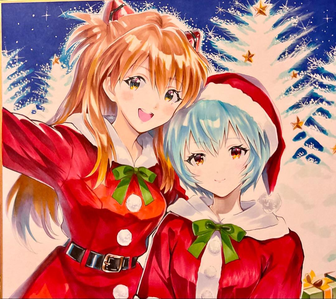 手描きアナログイラスト　新世紀エヴァンゲリオン　サンタコスプレのアスカと綾波レイ