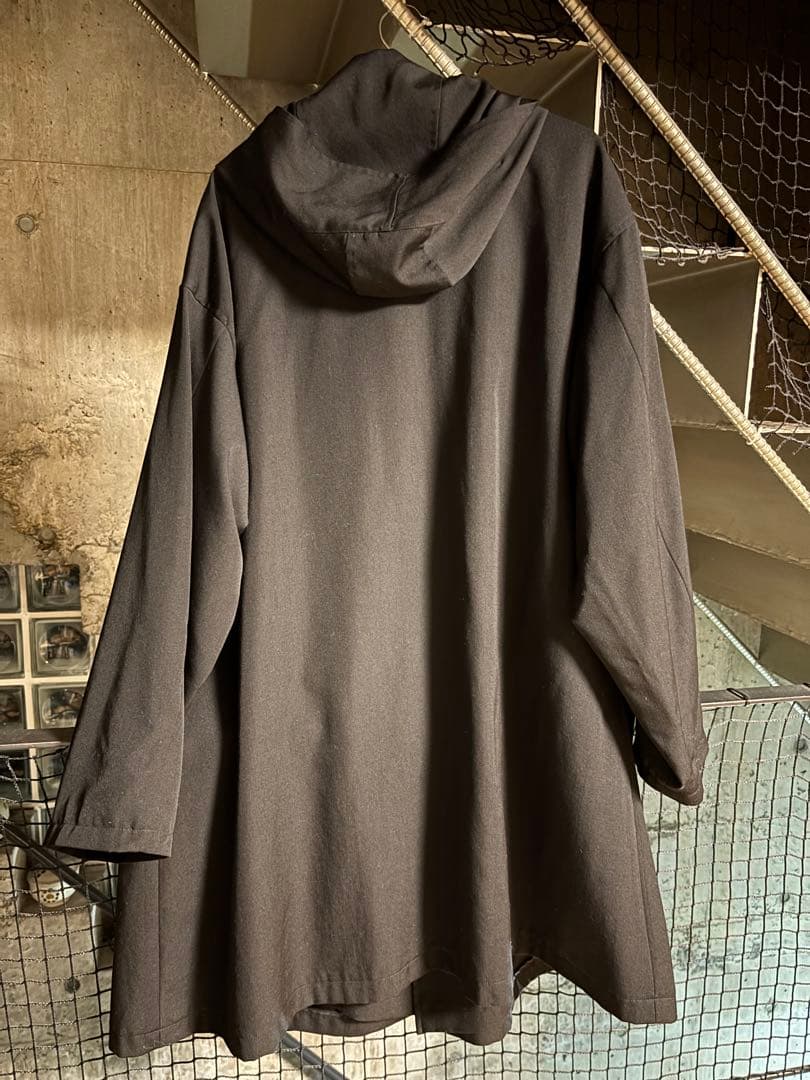 Y's ブラックフード付きロングモッズコート　ウールギャバ　ウールギャバジン