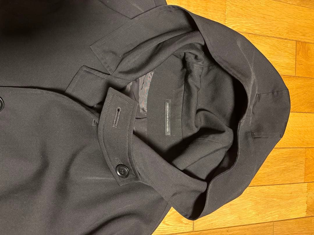 Y's ブラックフード付きロングモッズコート　ウールギャバ　ウールギャバジン