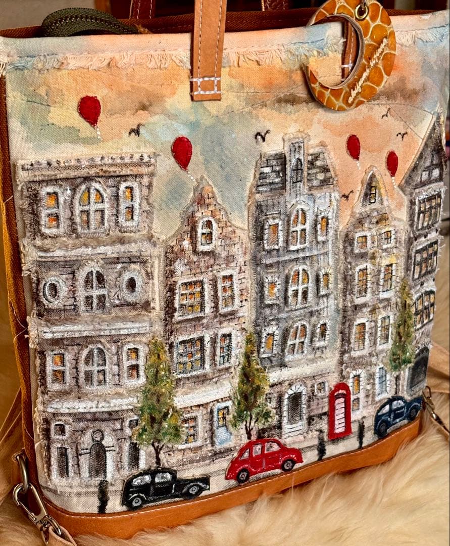 (手づくり)\"赤コントラスト ロンドンストリート\"リュックショルダーバッグ/刺繍