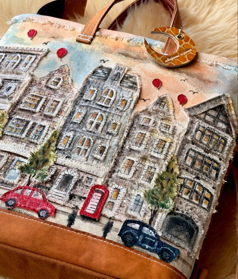 (手づくり)\"赤コントラスト ロンドンストリート\"リュックショルダーバッグ/刺繍