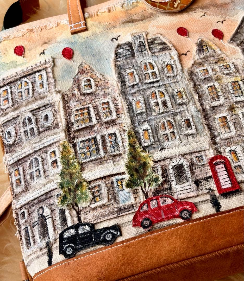 (手づくり)\"赤コントラスト ロンドンストリート\"リュックショルダーバッグ/刺繍