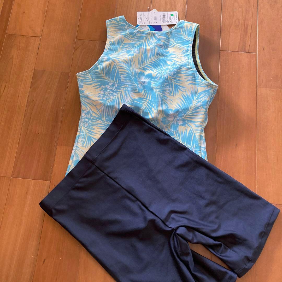 ♡新品♡爽やかミズノ セパレート水着 青と黄色のパーム柄　全面ジッパー付き　ＸＬ