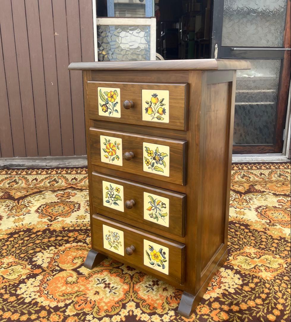 北欧 昭和レトロ 花柄タイル 木製チェスト 4段 箪笥 カントリー アンティーク