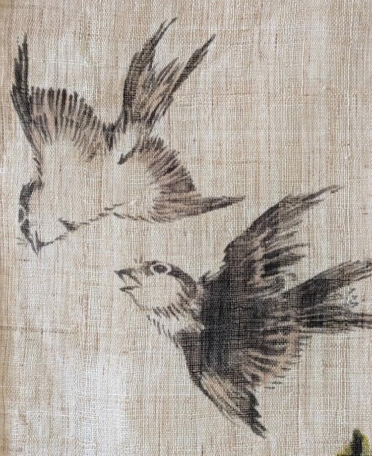 手描き麻暖簾【鳥と忍草】手染め のれん 巾81×144cm　一点物　アンティーク