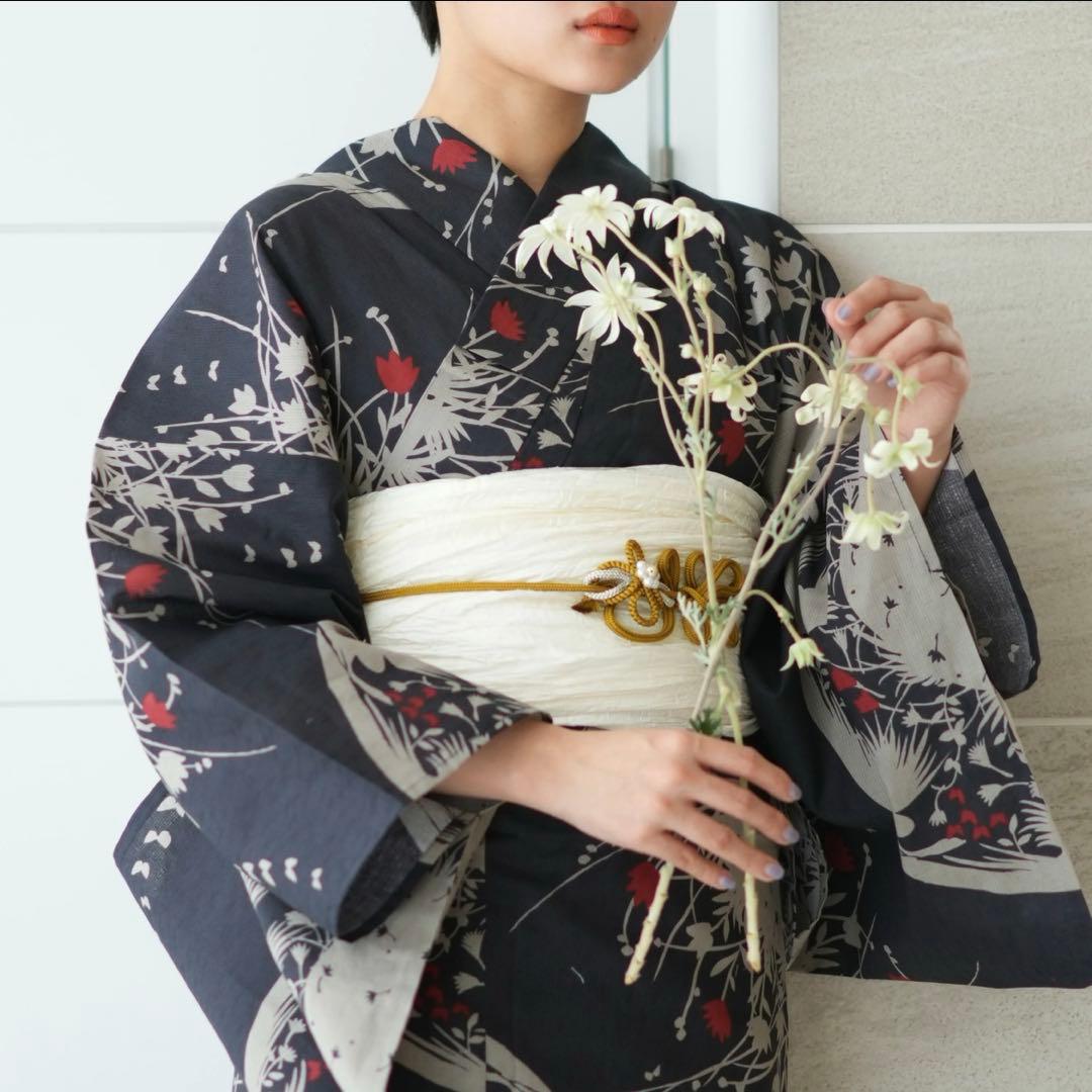 【ニコアンティーク 高級変わり織 浴衣3点セット モダンブラックに遊ぶ鳥の影絵】