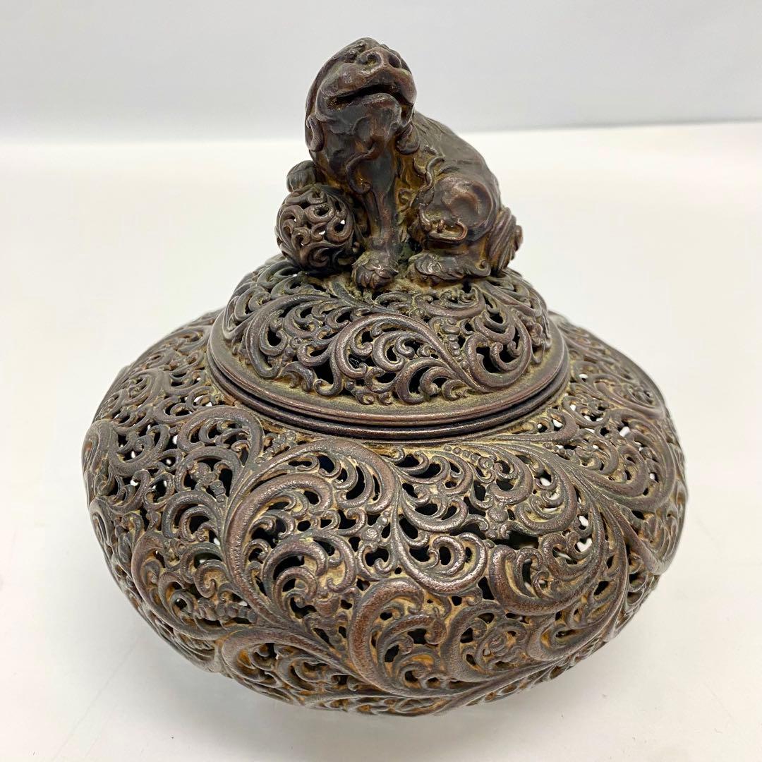 Y 中国 古銅 香炉 古玩 銘有 獅子 蓋付き 　琢磨