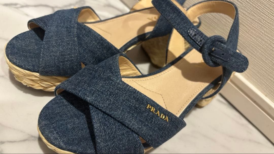 PRADA デニムウェッジソールサンダル
