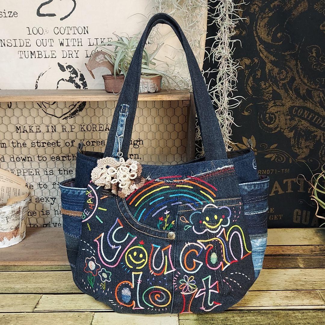 刺繍デニムバック　No.671　デニムリメイク　刺繍バック　サイドポケット