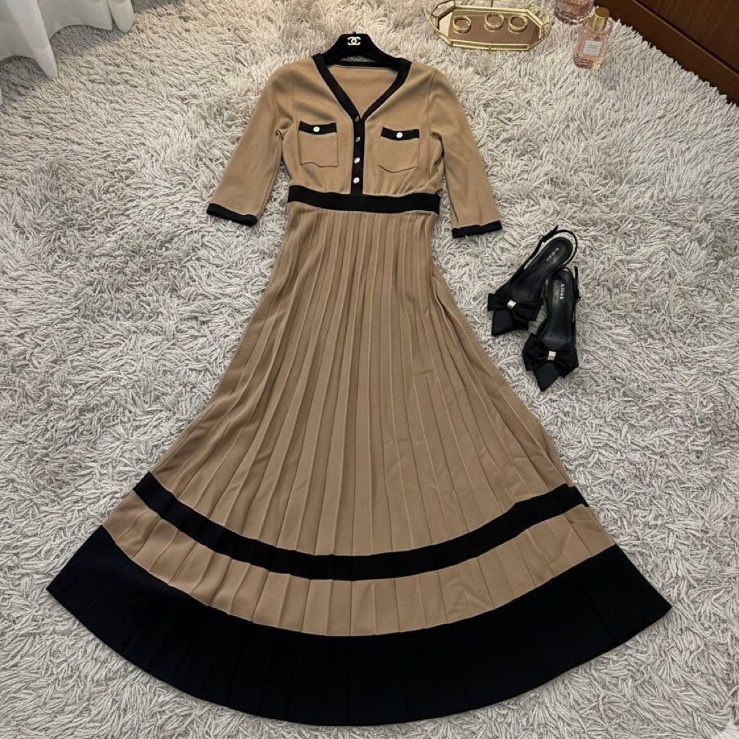 【美品】ダイアグラム 配色プリーツワンピース ロング 金ボタン バイカラー 36