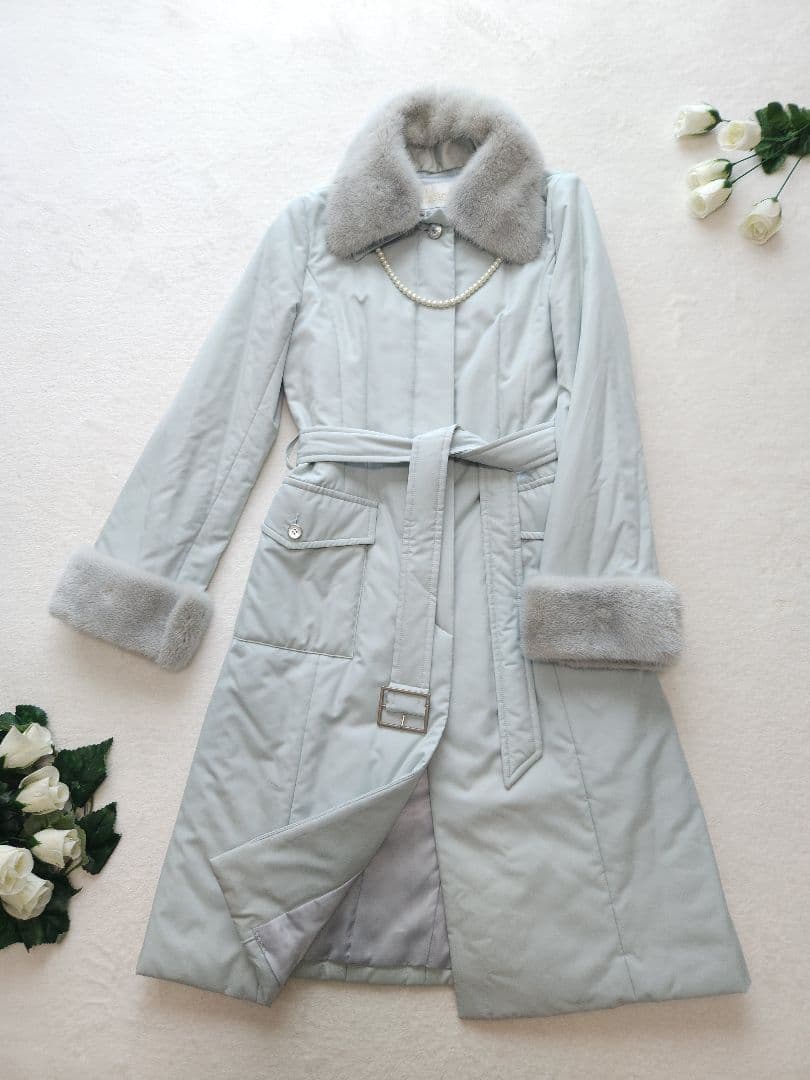 Harrods 美品 英国高級コート ミンクファー着脱可能 中綿 淡いブルー