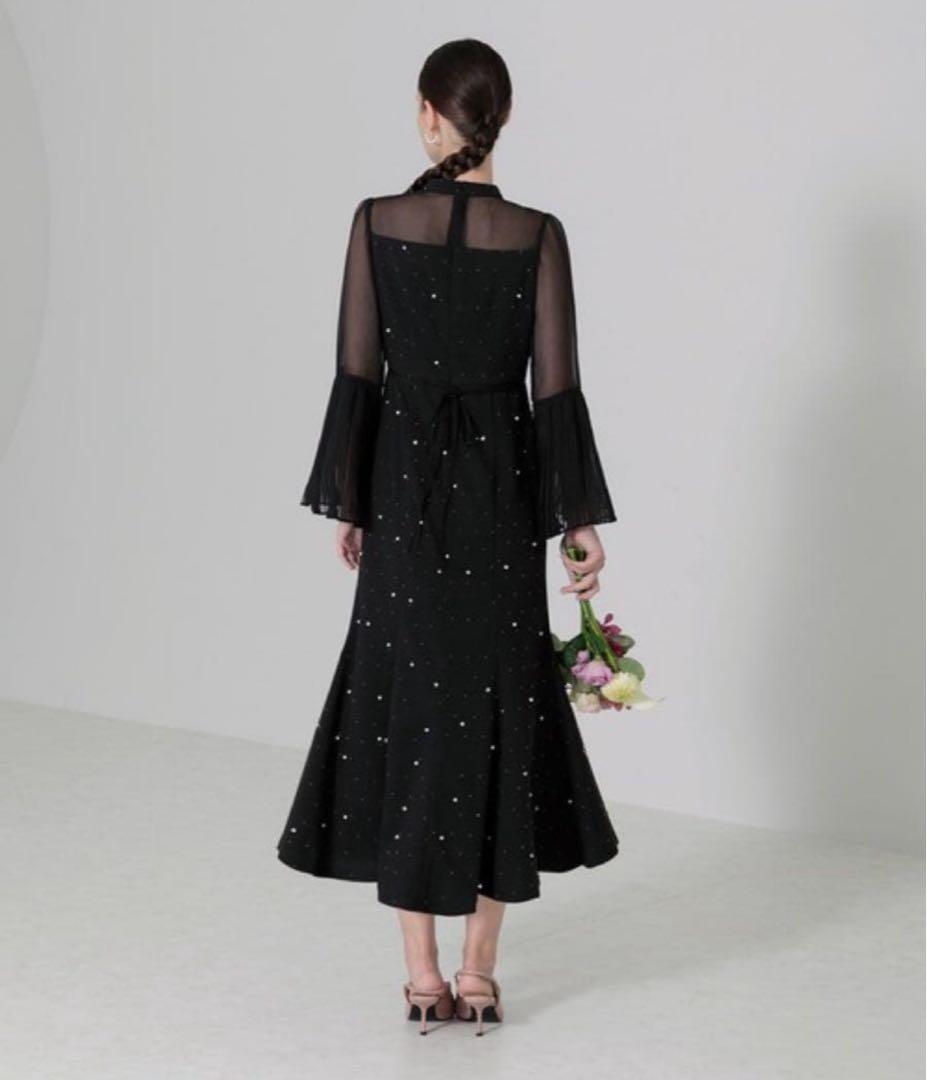 【LEJA】パールビジュー付きプリーツ　マーメイドシルエットワンピースドレス