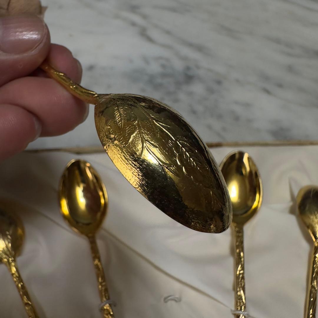 24金メッキ ティースプーン 6本　葉の模様　アンティーク