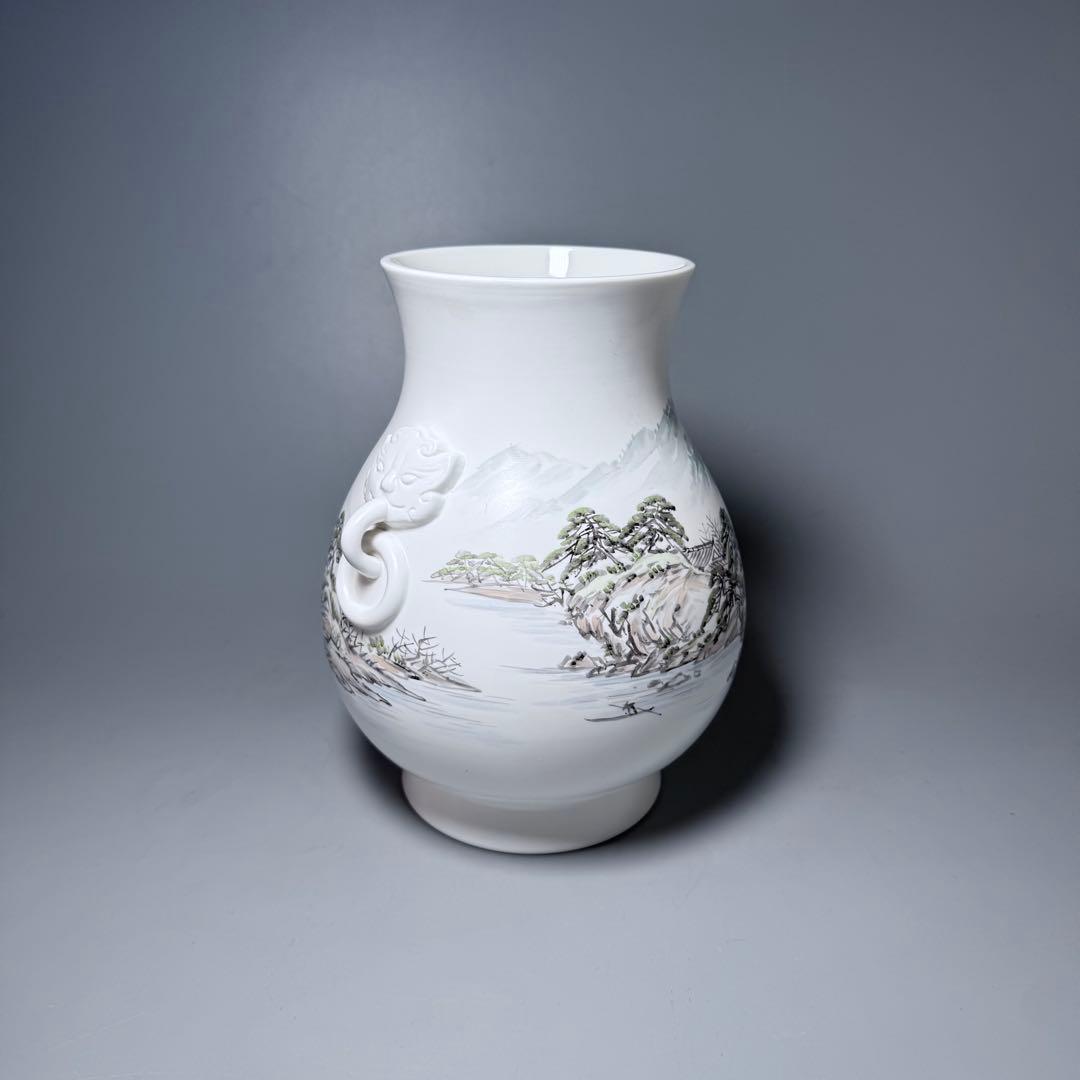 オールド深川製磁　山水図花瓶　銘有　昇然　高さ20.2cm　インテリア　有田焼