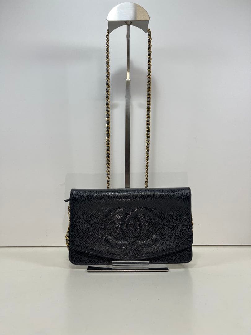 CHANEL ブラックレザー チェーンウォレット バッグ