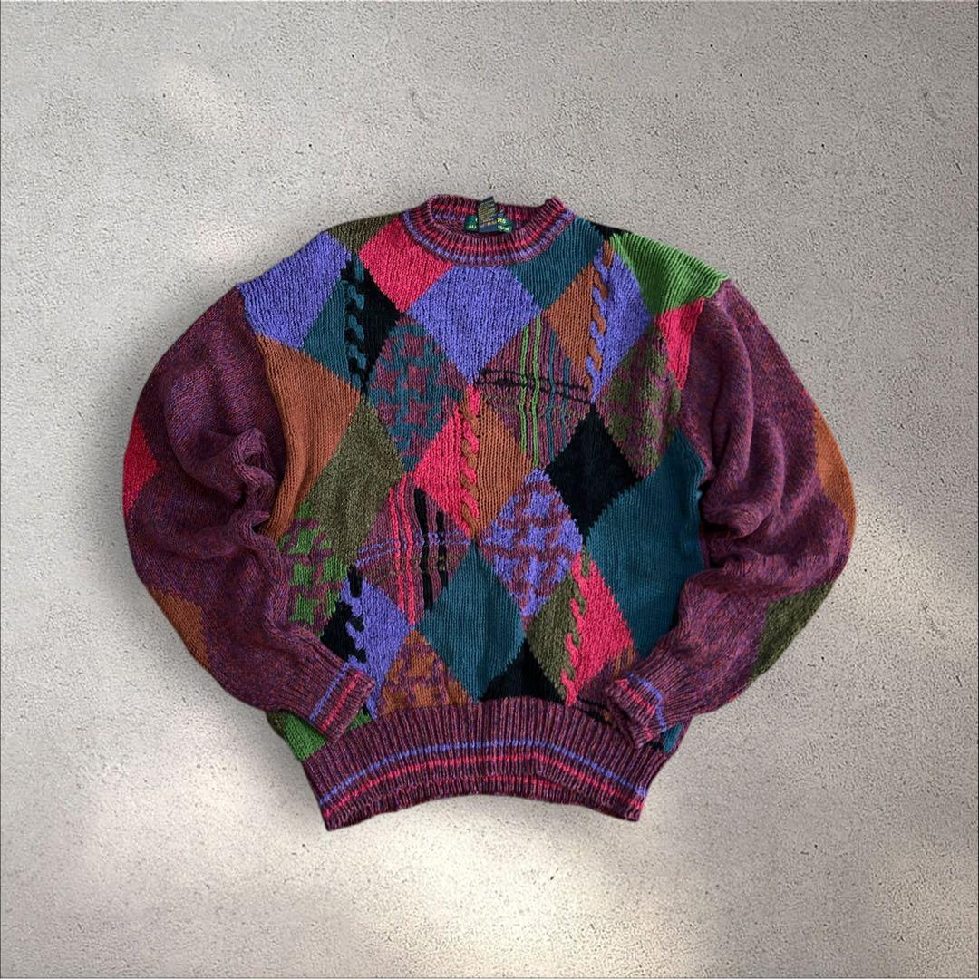 【希少】Alexander Julian 3Dパッチワーク ニット L 総柄