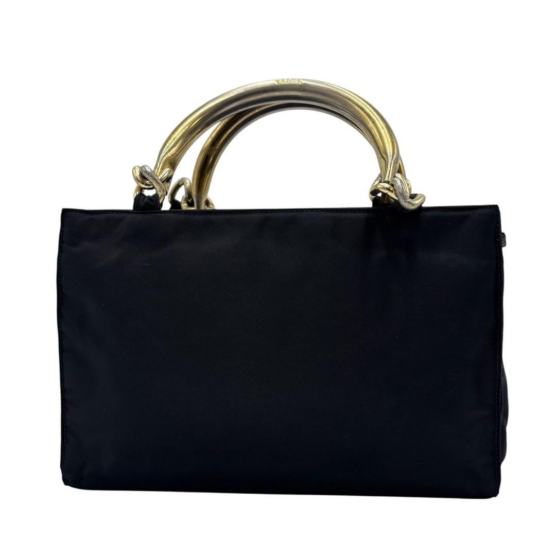 【美品】プラダPRADA ナイロン メタルハンドル ハンドバッグ 黒