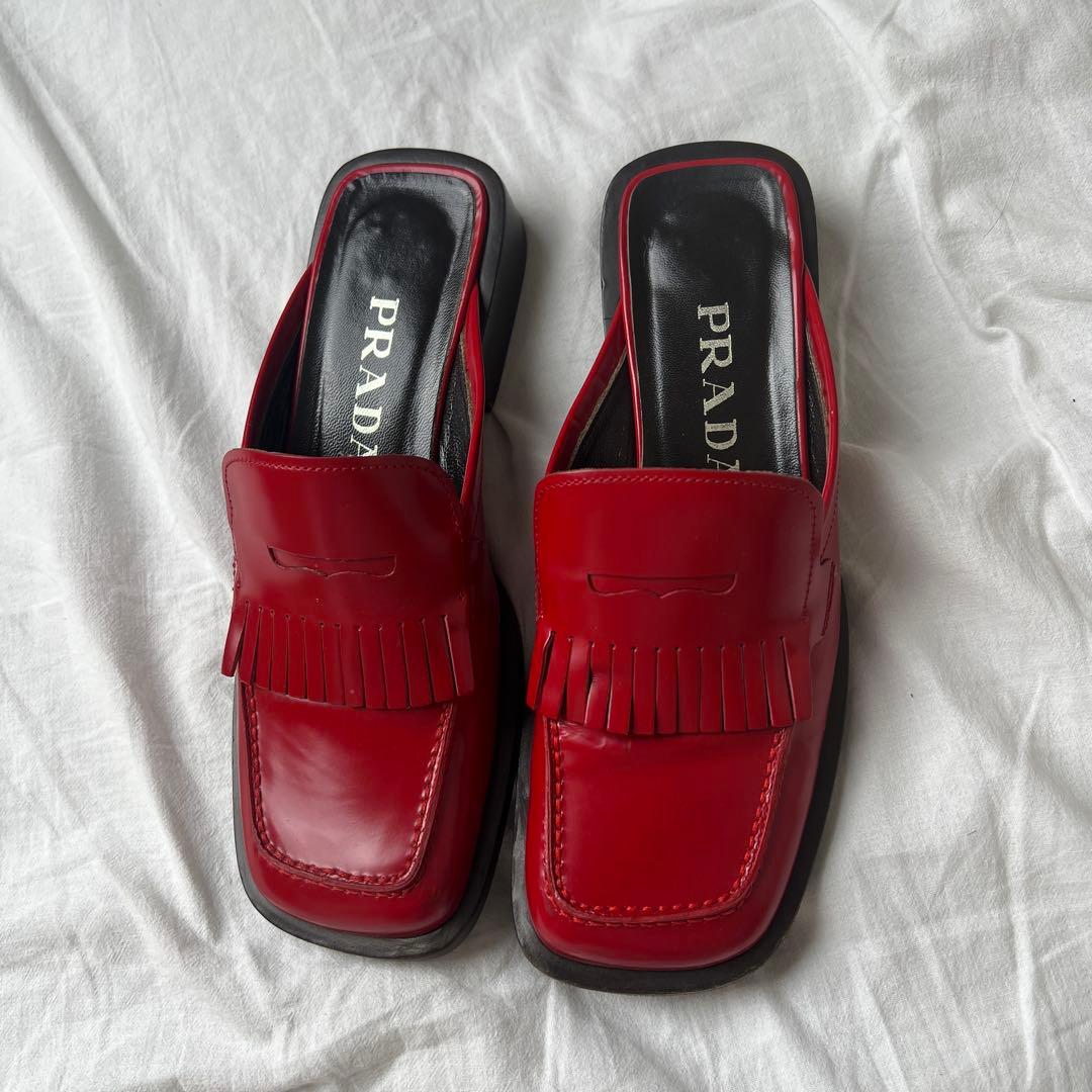靴 99AW PRADA square toe leather mules red