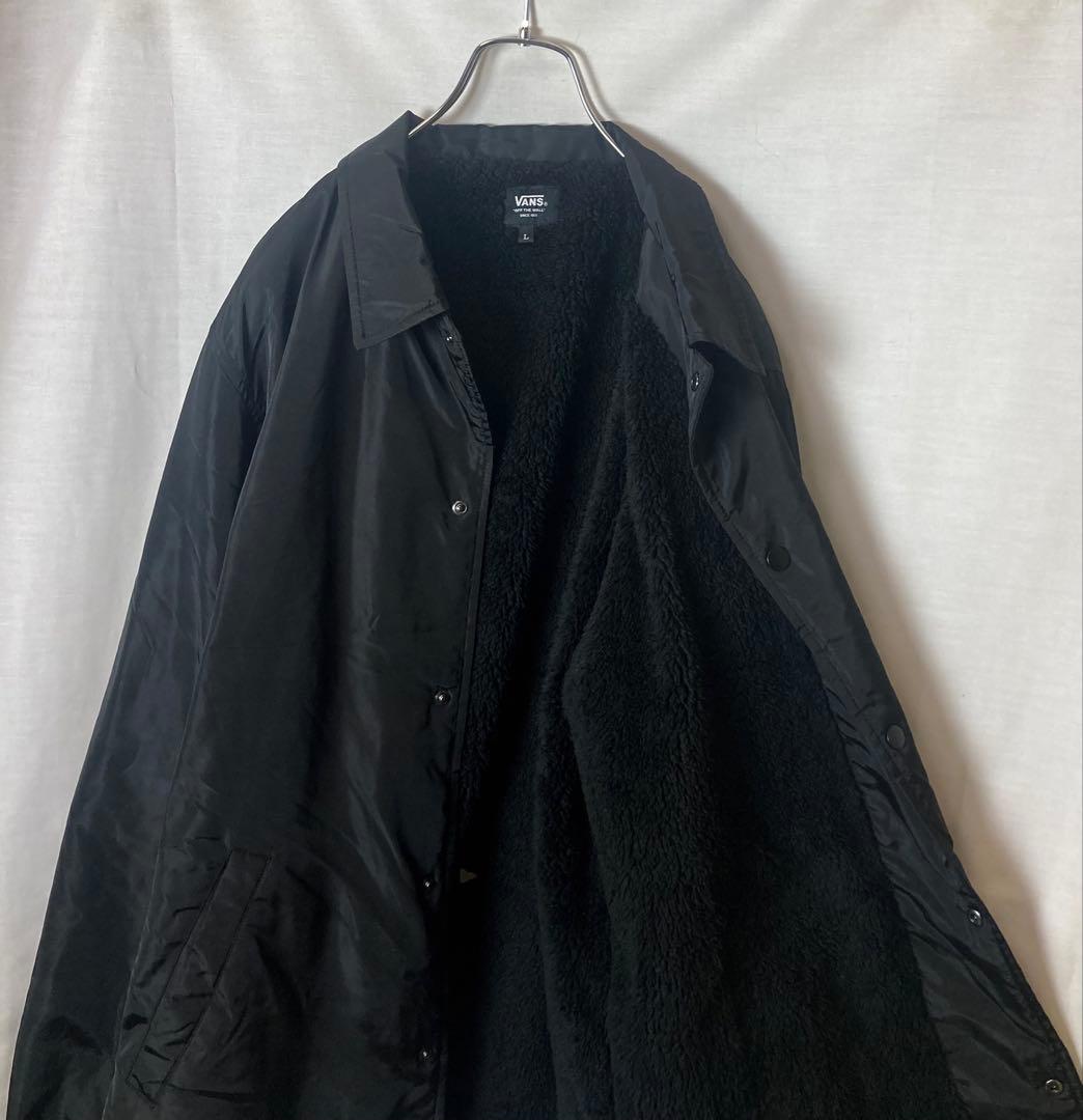 VANSチェッカーフラッグ×裏ボア×中綿ブラックナイロンコーチジャケットゆったり
