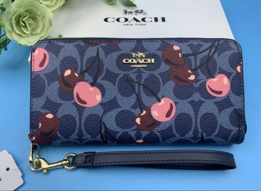 COACH チェリー柄 長財布 ネイビー