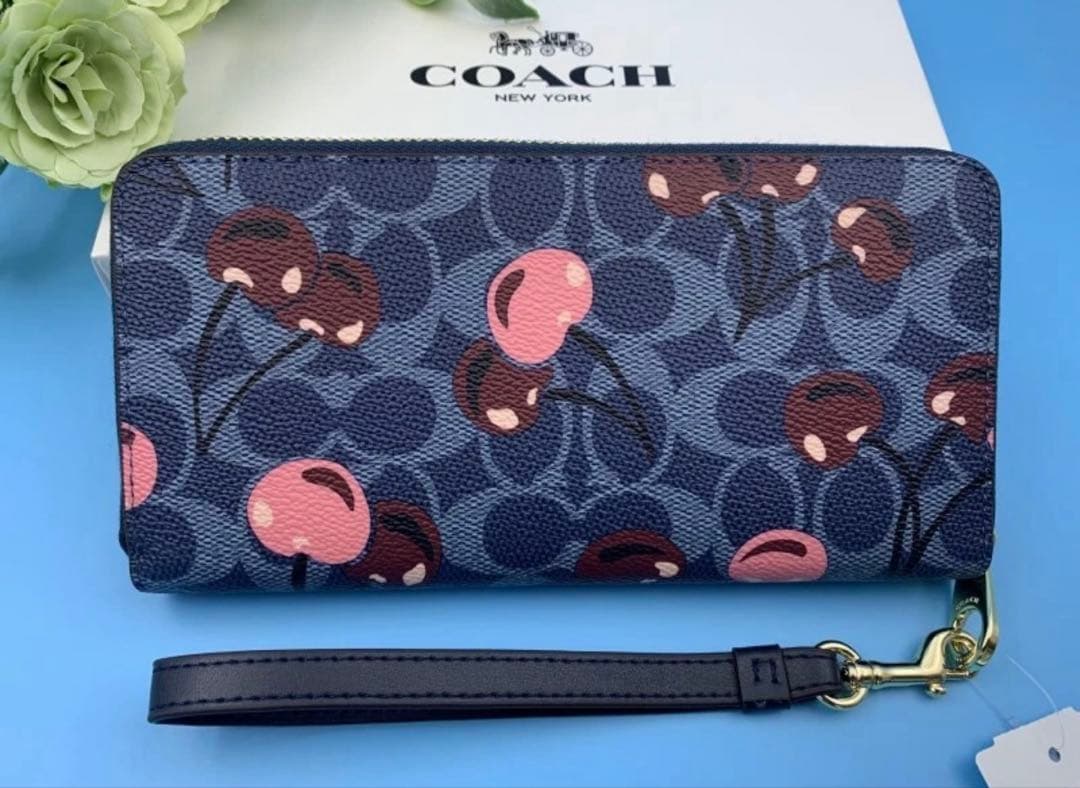 COACH チェリー柄 長財布 ネイビー