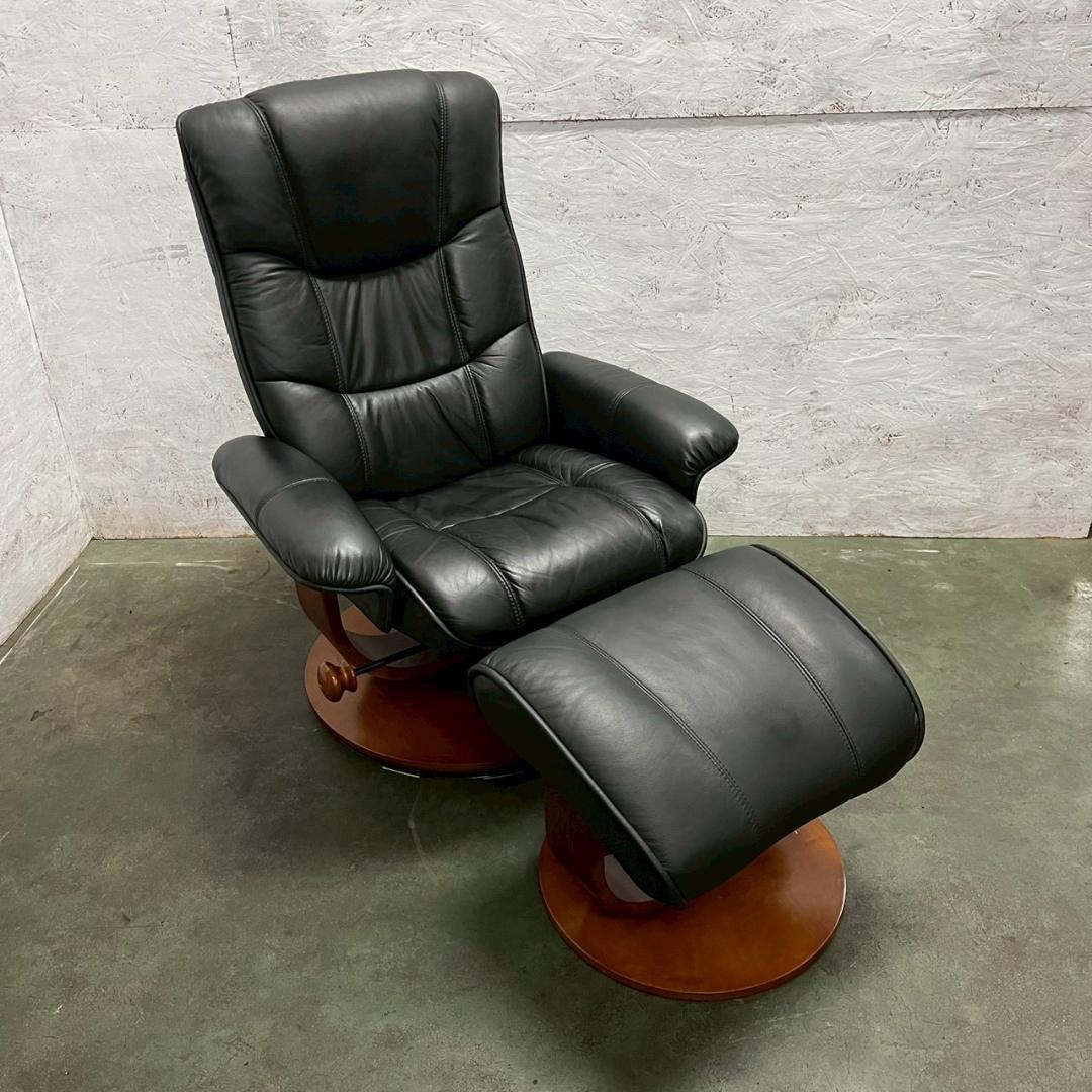 革張り パーソナルチェア オットマン ブラック リクライニングチェア A0832