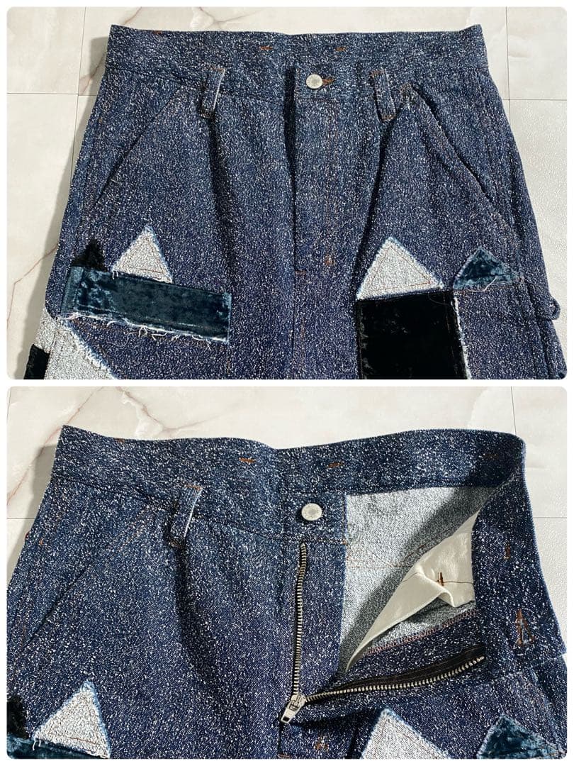 A18522 極美品 シンヤコヅカ パッチワークツイードデニムワイドパンツ L