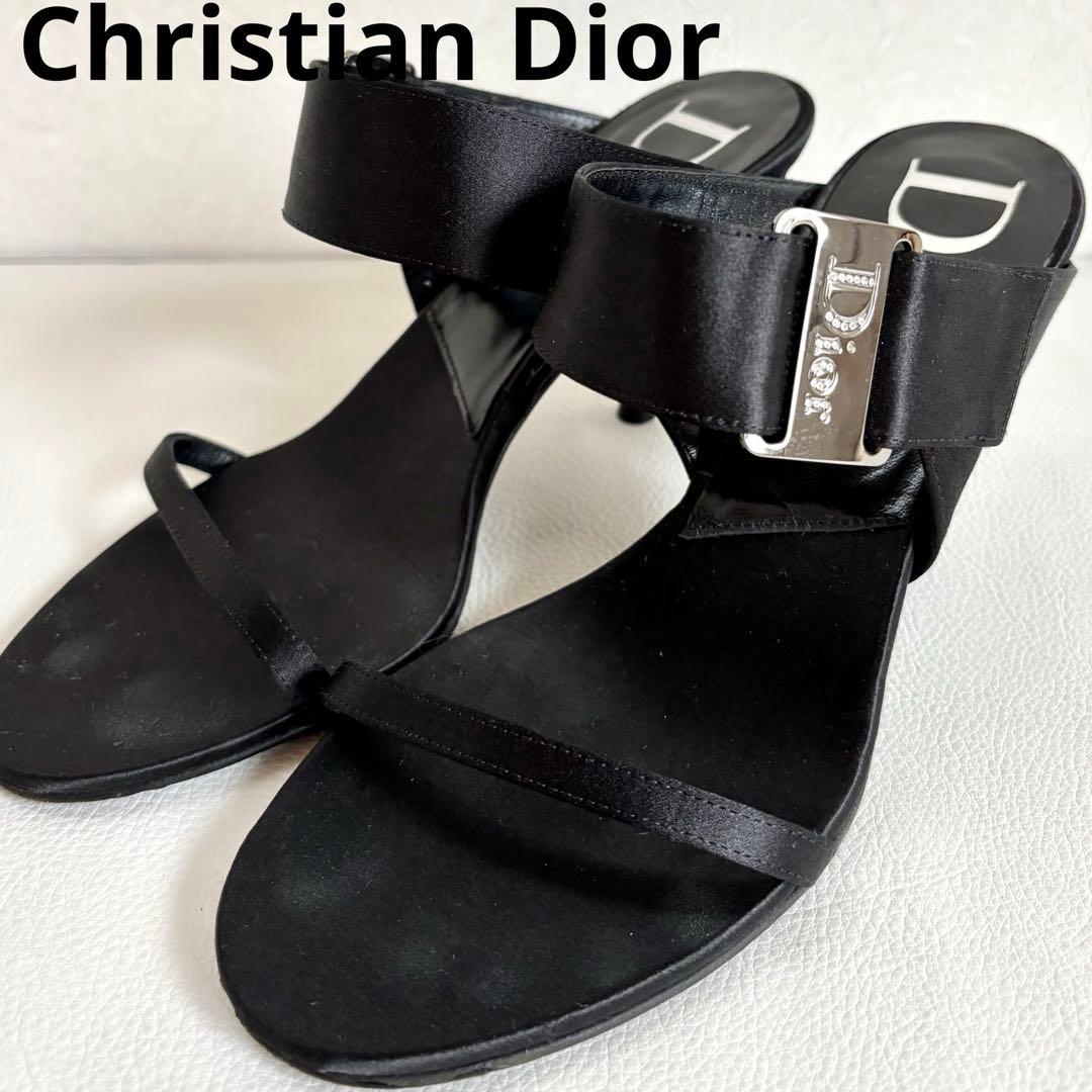 【クリスチャンディオール】ロゴ サテン ミュール ヒール 黒 35 1/2