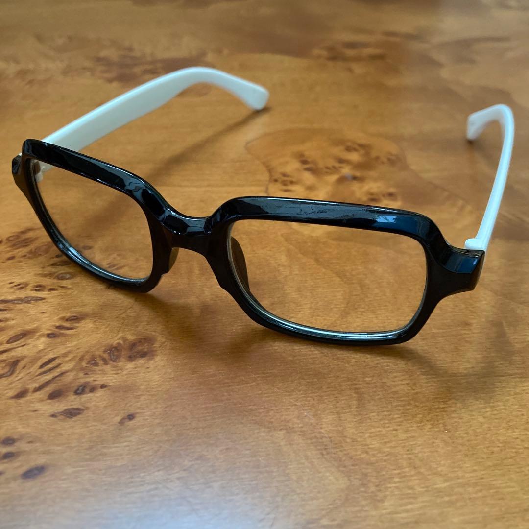 伊達メガネ 、黒×白、ファッション眼鏡、古着