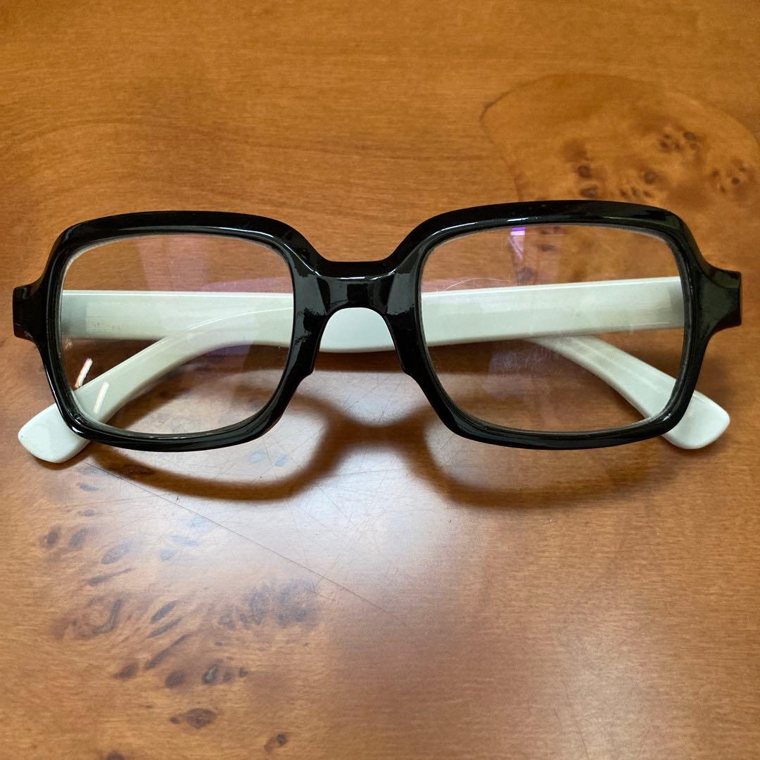 伊達メガネ 、黒×白、ファッション眼鏡、古着