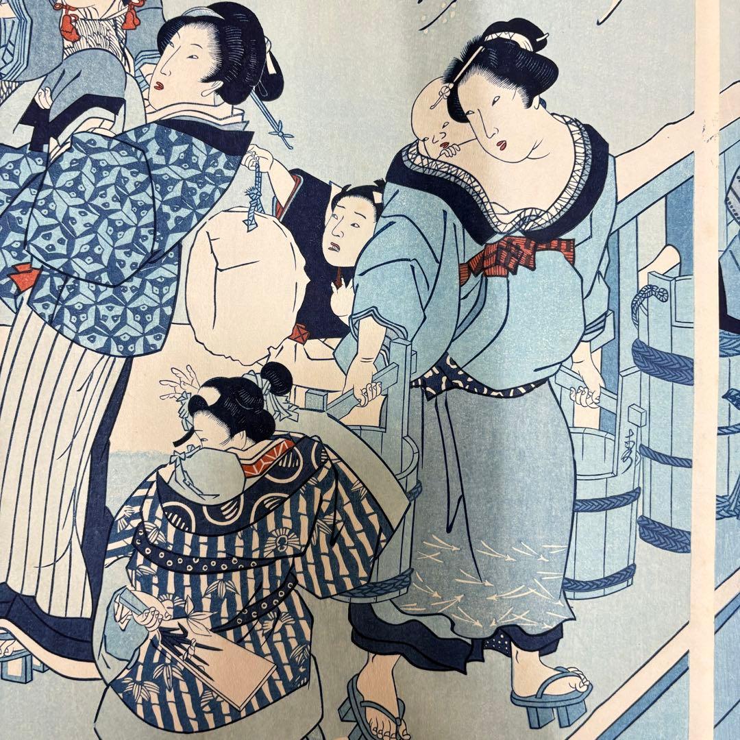 木版画 浮世絵 歌川国貞「雪のあした 」美人画 3枚続 錦絵