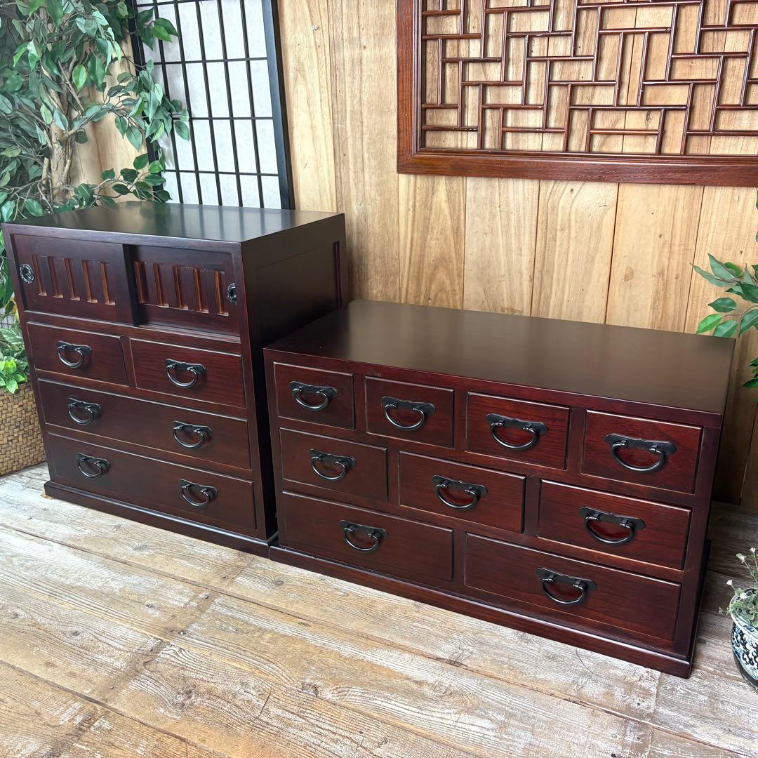 大幅値下げセール中！民芸家具桐無垢多引き出しチェスト二点セット木製多収納飾り棚