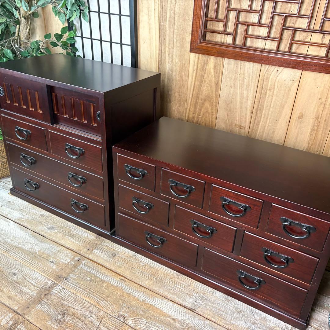 大幅値下げセール中！民芸家具桐無垢多引き出しチェスト二点セット木製多収納飾り棚