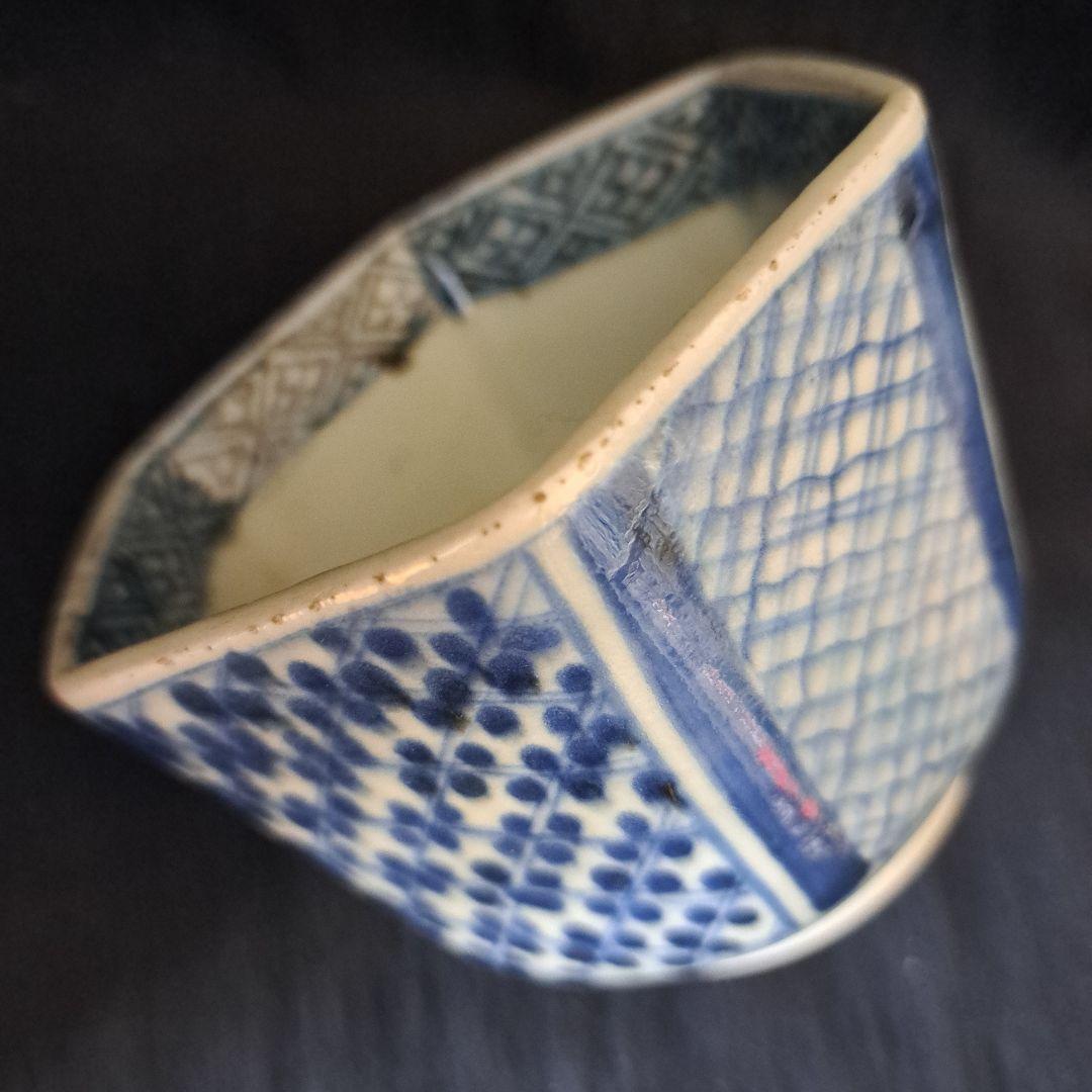 「幾何学文様の面白さ！」 古伊万里向付(幅8.5cm) 2客セット 骨董アンティ