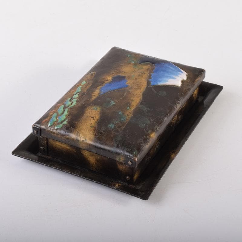 七宝焼　安藤七宝店　富士図　煙草入　煙草盆　共箱　V　7977