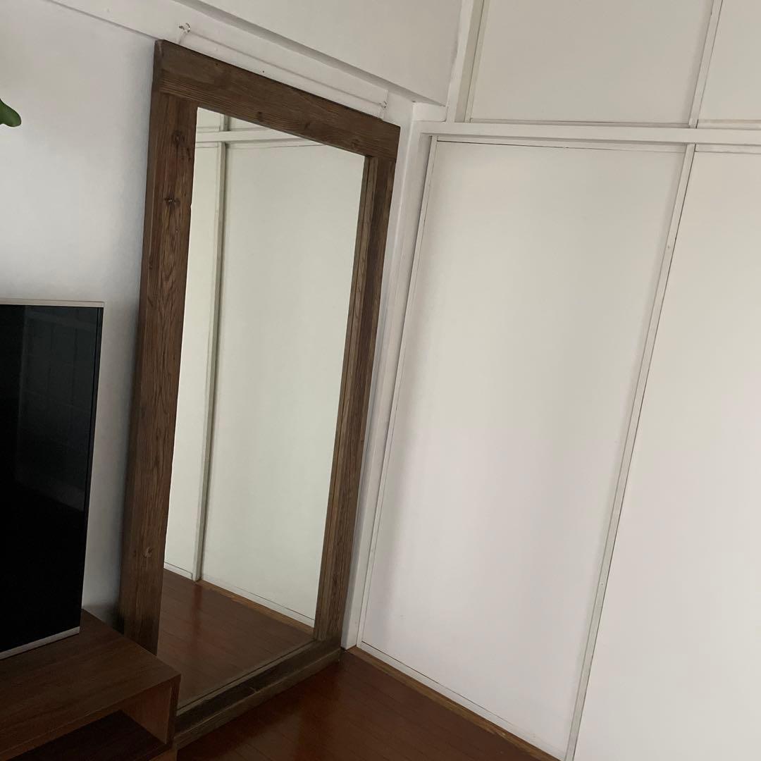 全身姿見　特大ミラー　木枠　アンティーク