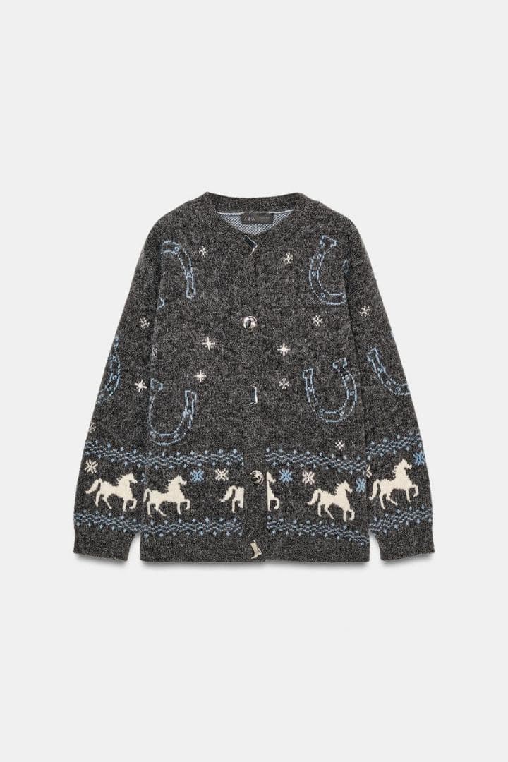 新品 ZARA ジャカードニットボタンカーディガン M