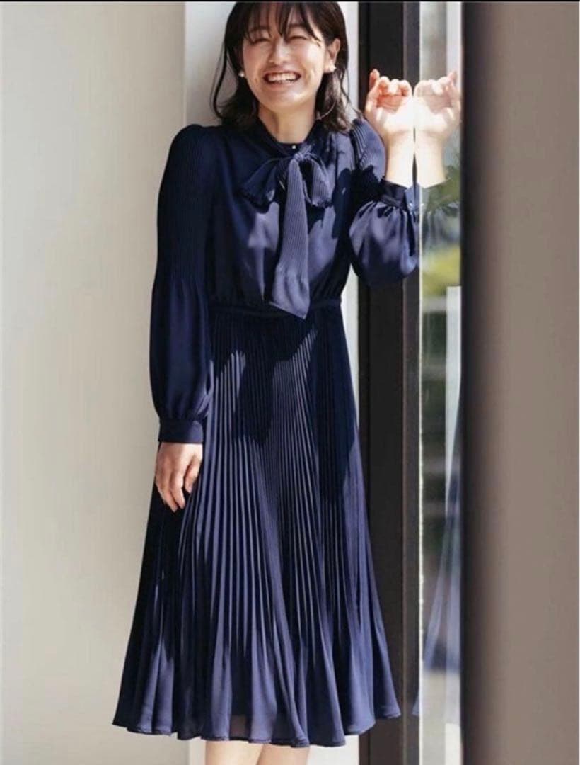 CELFORD ボウタイプリーツワンピース　紺　ネイビー　36 Sサイズ
