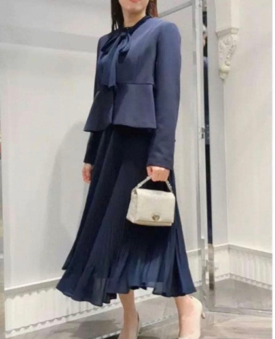 CELFORD ボウタイプリーツワンピース　紺　ネイビー　36 Sサイズ