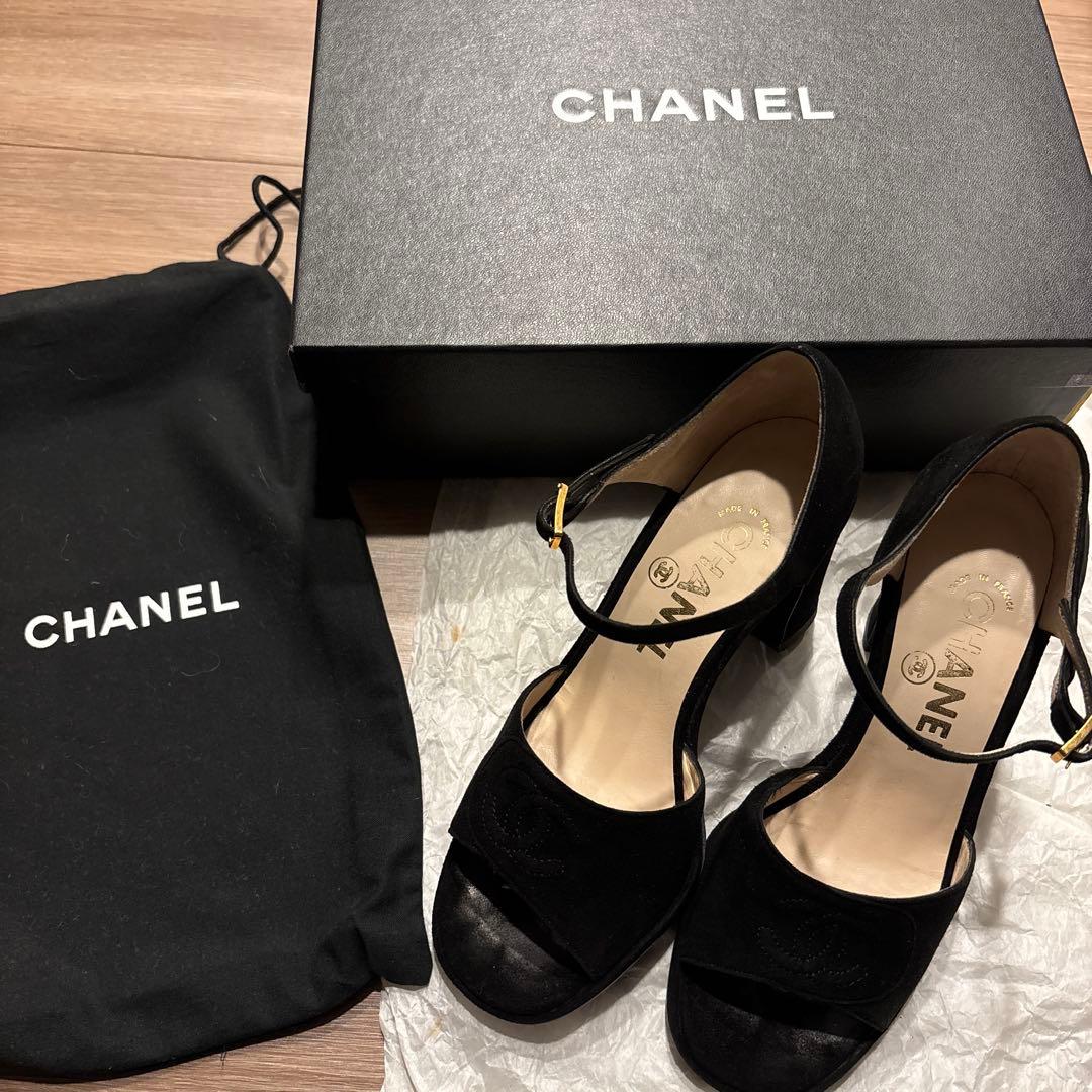 CHANEL シャネル ブラックオープントゥサンダル ベロア 37