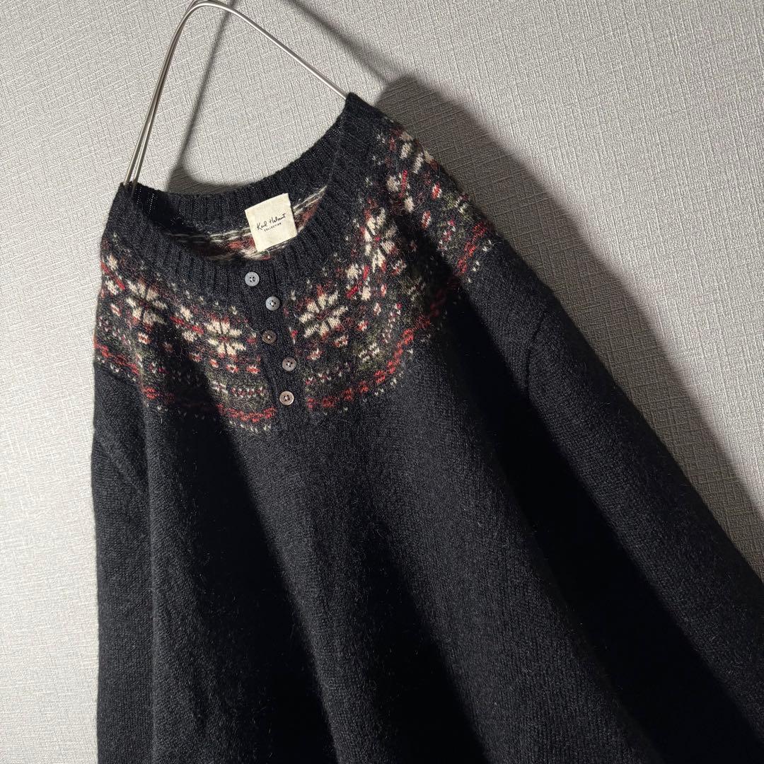 超希少★カールヘルム モヘアニット ヘンリーネック ノルディック柄 黒 XL程度