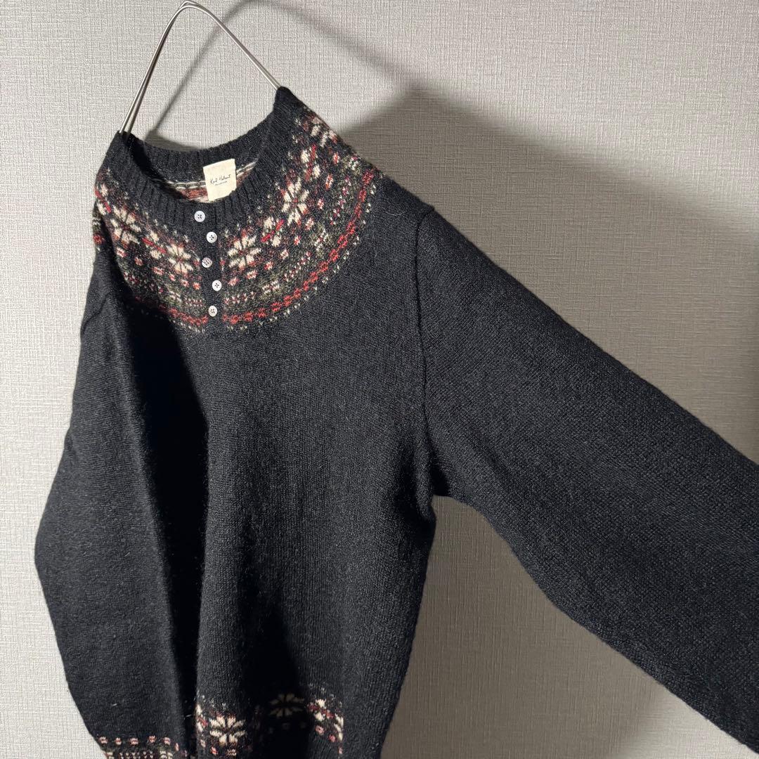 超希少★カールヘルム モヘアニット ヘンリーネック ノルディック柄 黒 XL程度